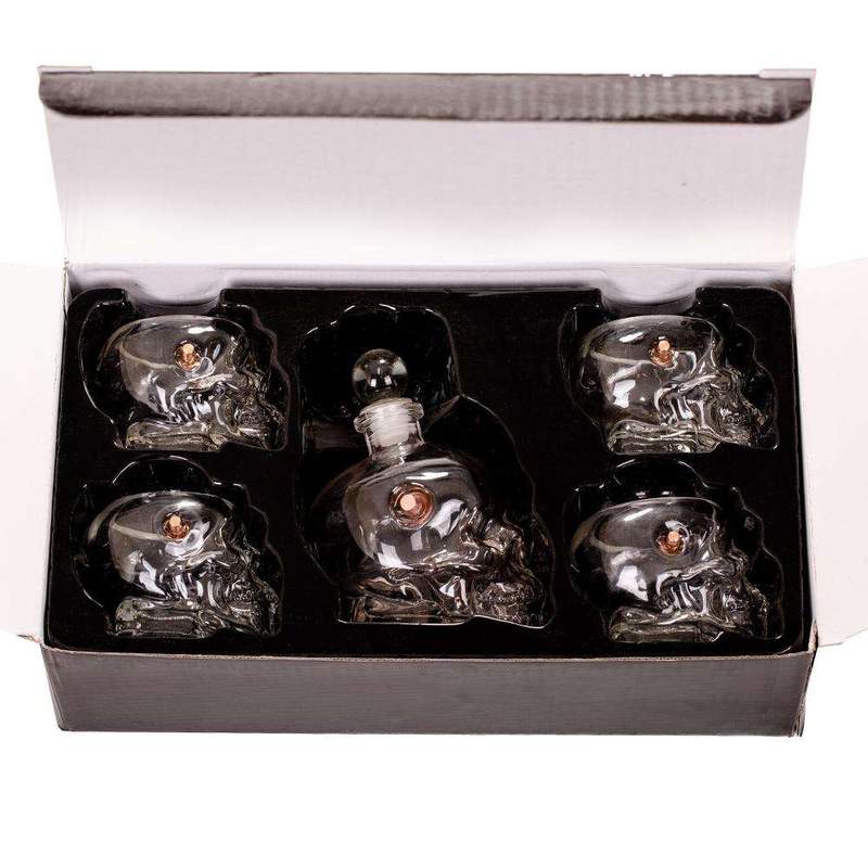 LUCKY SHOT Bullet Whiskey Skull Decanter  Set